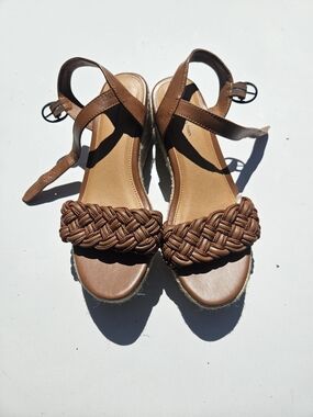 Time and Tru Braided Strap Tan Wedge Sandals